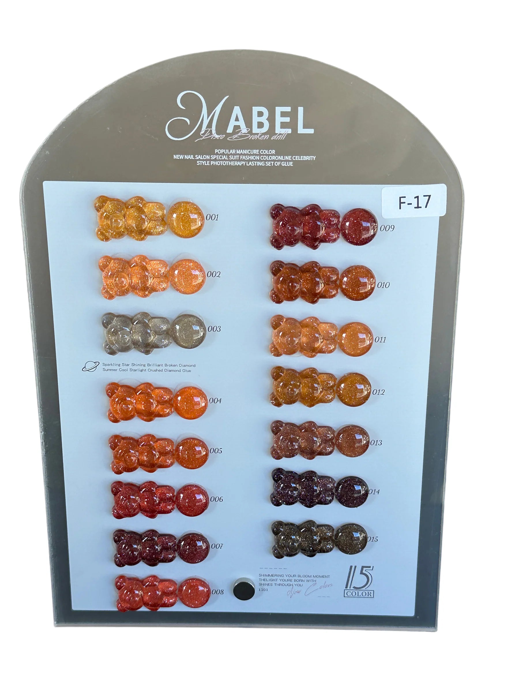 Mabel Gel 15 Glitter Gel Colors - F17 Soak Off Gel Polish