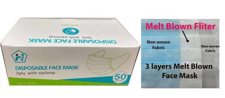 3 Ply Blue Face Masks 50pcs Soft Comfortable Earloop