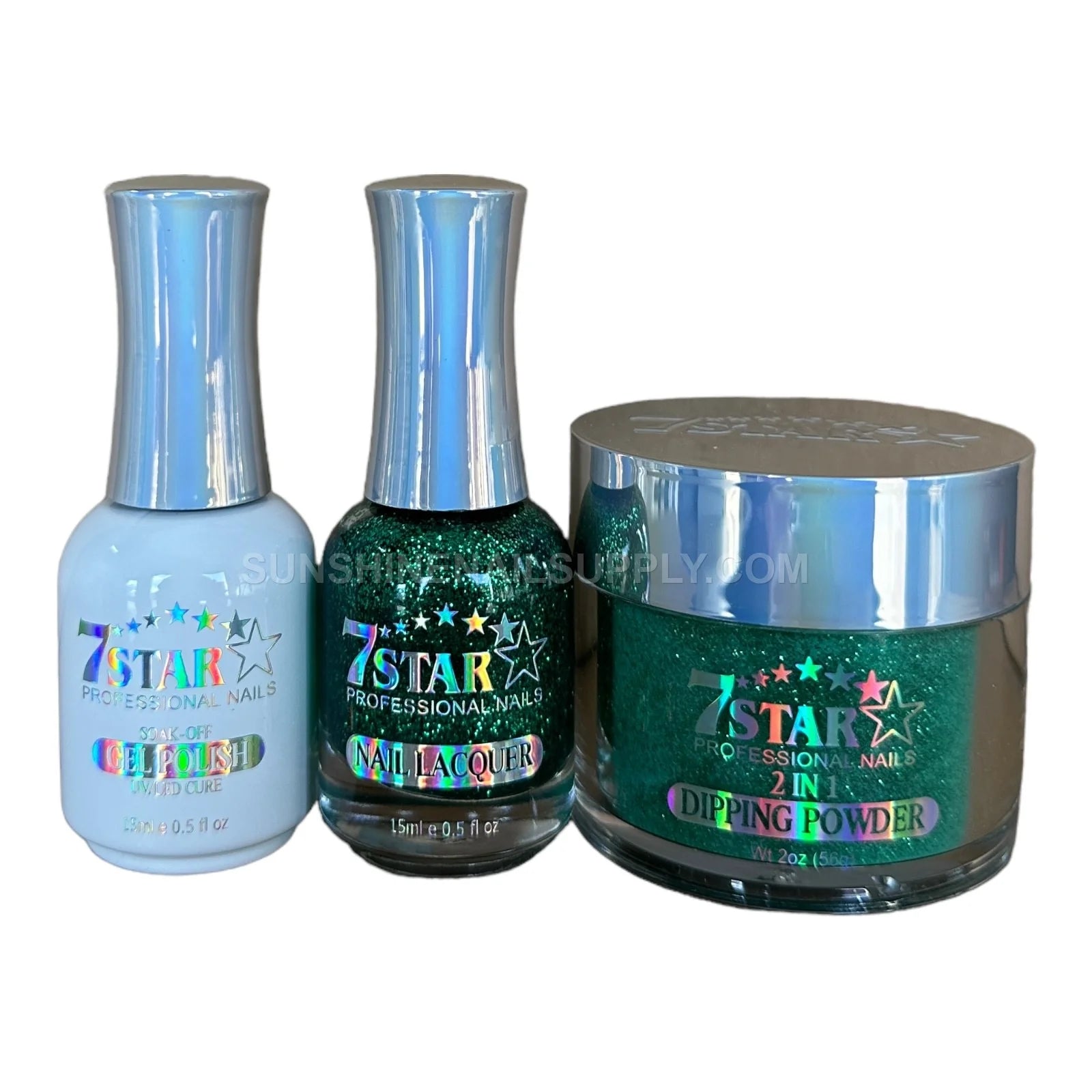 7 Star UV/LED Soak Off Gel Polish 3 in 1 #196 – Green Glitter